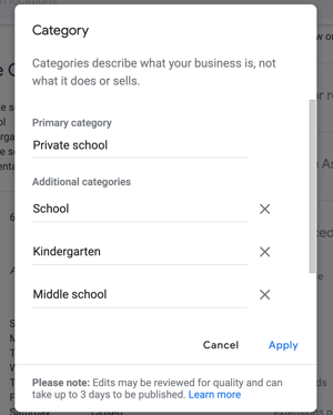 Categories in Google My Business