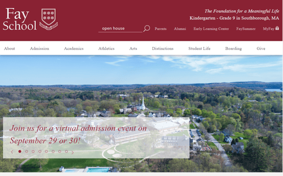 Fay school home page and internal site search