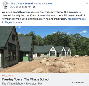 The Village School Facebook post promoting summer tours