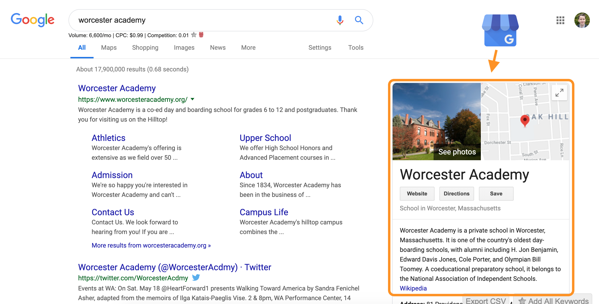 Worcester Academy Google My Business Listing